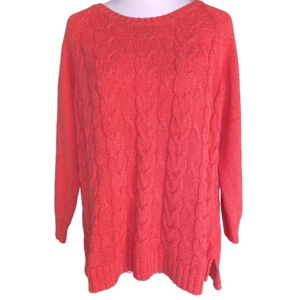 Talbots Coral Pink Linen Cotton Cable Knit Split Hem Sweater Sz M